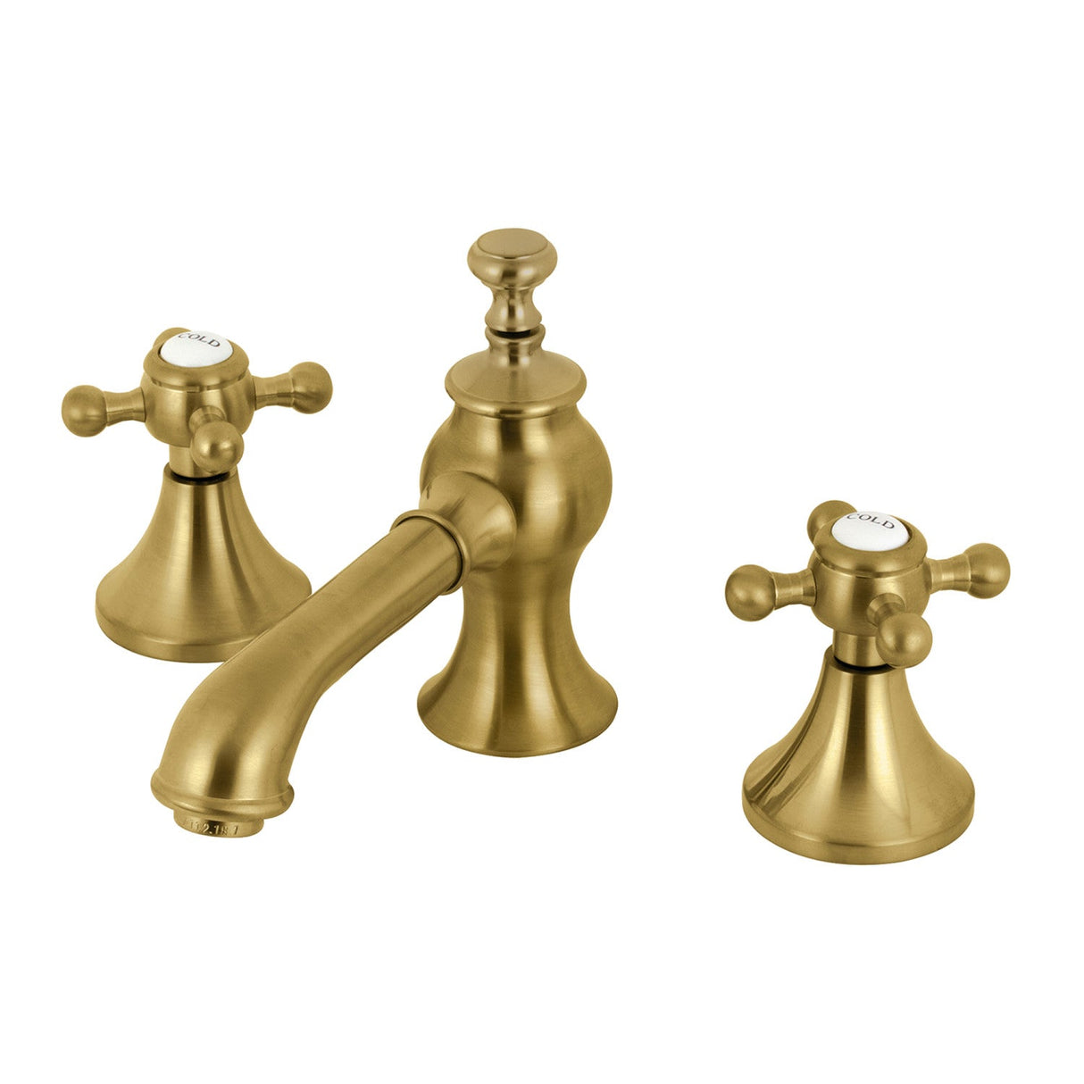 English Country KC7067BX Two-Handle 3-Hole Deck Mount Widespread Bathroom Faucet with Brass Pop-Up, Brushed Brass