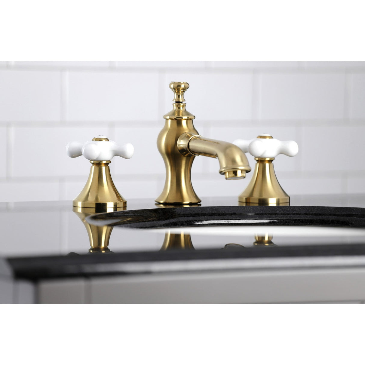 Vintage KC7067PX Two-Handle 3-Hole Deck Mount Widespread Bathroom Faucet with Brass Pop-Up, Brushed Brass