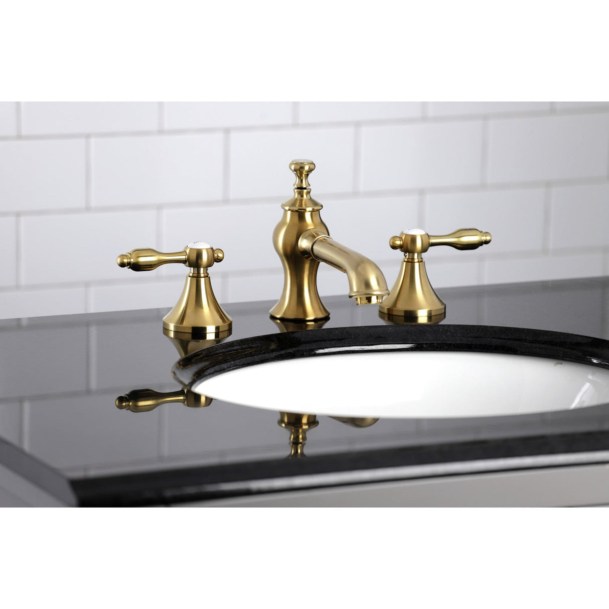 Tudor KC7067TAL Two-Handle 3-Hole Deck Mount Widespread Bathroom Faucet with Brass Pop-Up, Brushed Brass