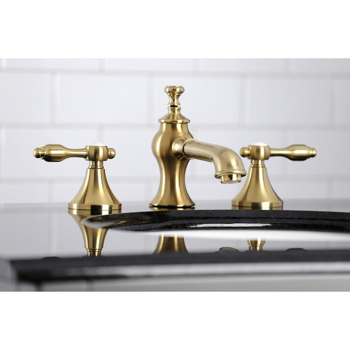 Tudor KC7067TAL Two-Handle 3-Hole Deck Mount Widespread Bathroom Faucet with Brass Pop-Up, Brushed Brass