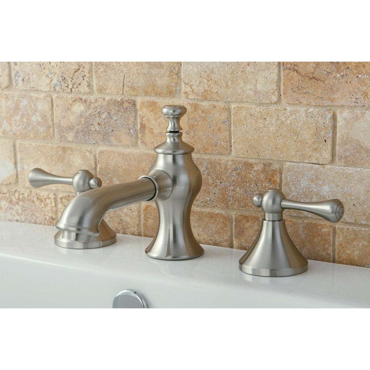 English Country KC7068BL Two-Handle 3-Hole Deck Mount Widespread Bathroom Faucet with Brass Pop-Up, Brushed Nickel