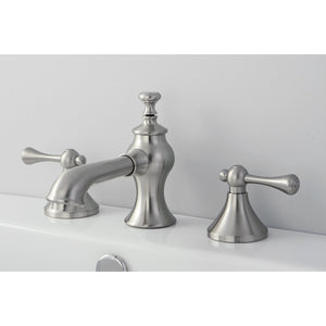 English Country KC7068BL Two-Handle 3-Hole Deck Mount Widespread Bathroom Faucet with Brass Pop-Up, Brushed Nickel
