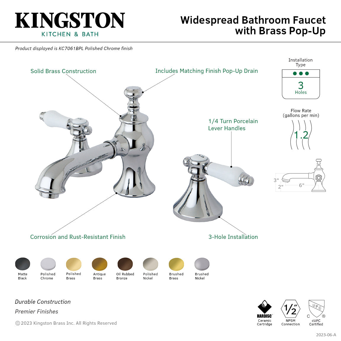 Bel-Air KC7068BPL Two-Handle 3-Hole Deck Mount Widespread Bathroom Faucet with Brass Pop-Up, Brushed Nickel