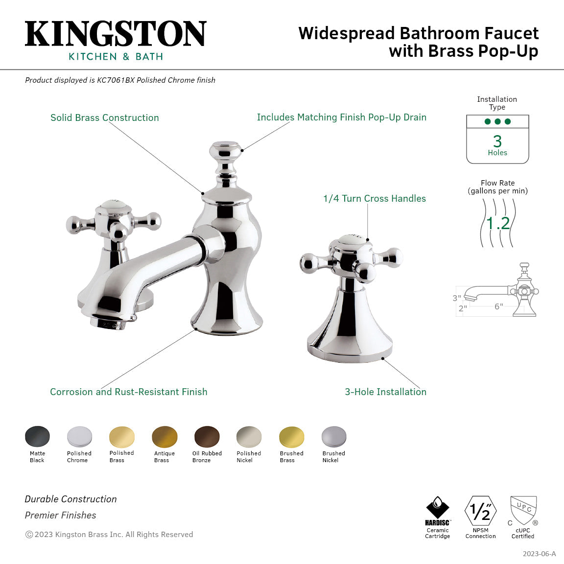 English Country KC7068BX Two-Handle 3-Hole Deck Mount Widespread Bathroom Faucet with Brass Pop-Up, Brushed Nickel