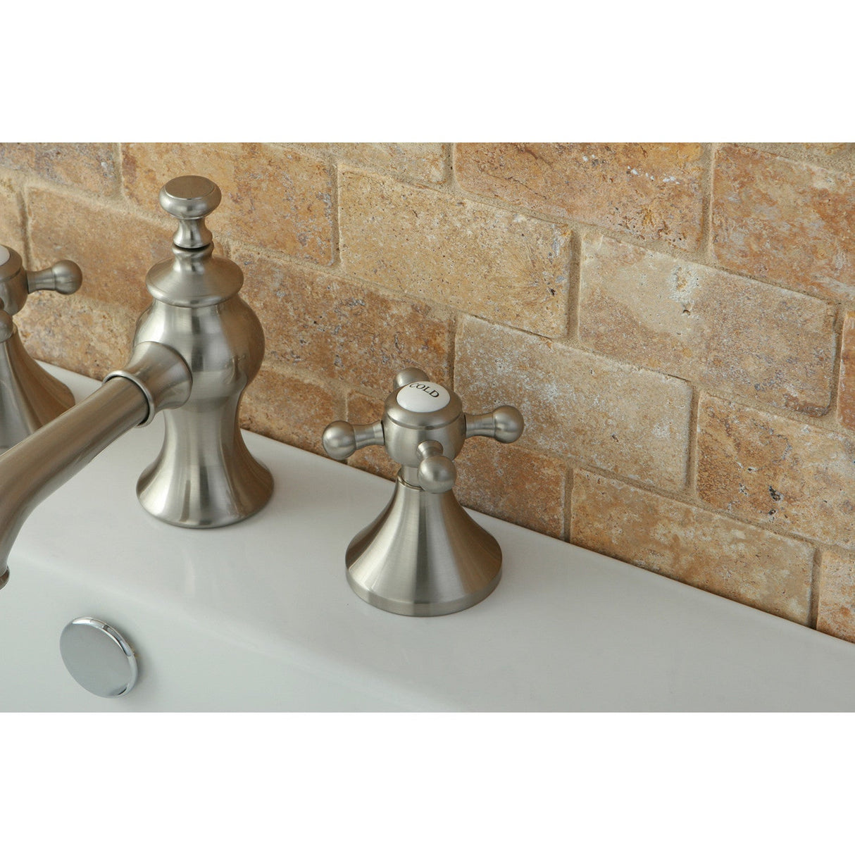 English Country KC7068BX Two-Handle 3-Hole Deck Mount Widespread Bathroom Faucet with Brass Pop-Up, Brushed Nickel