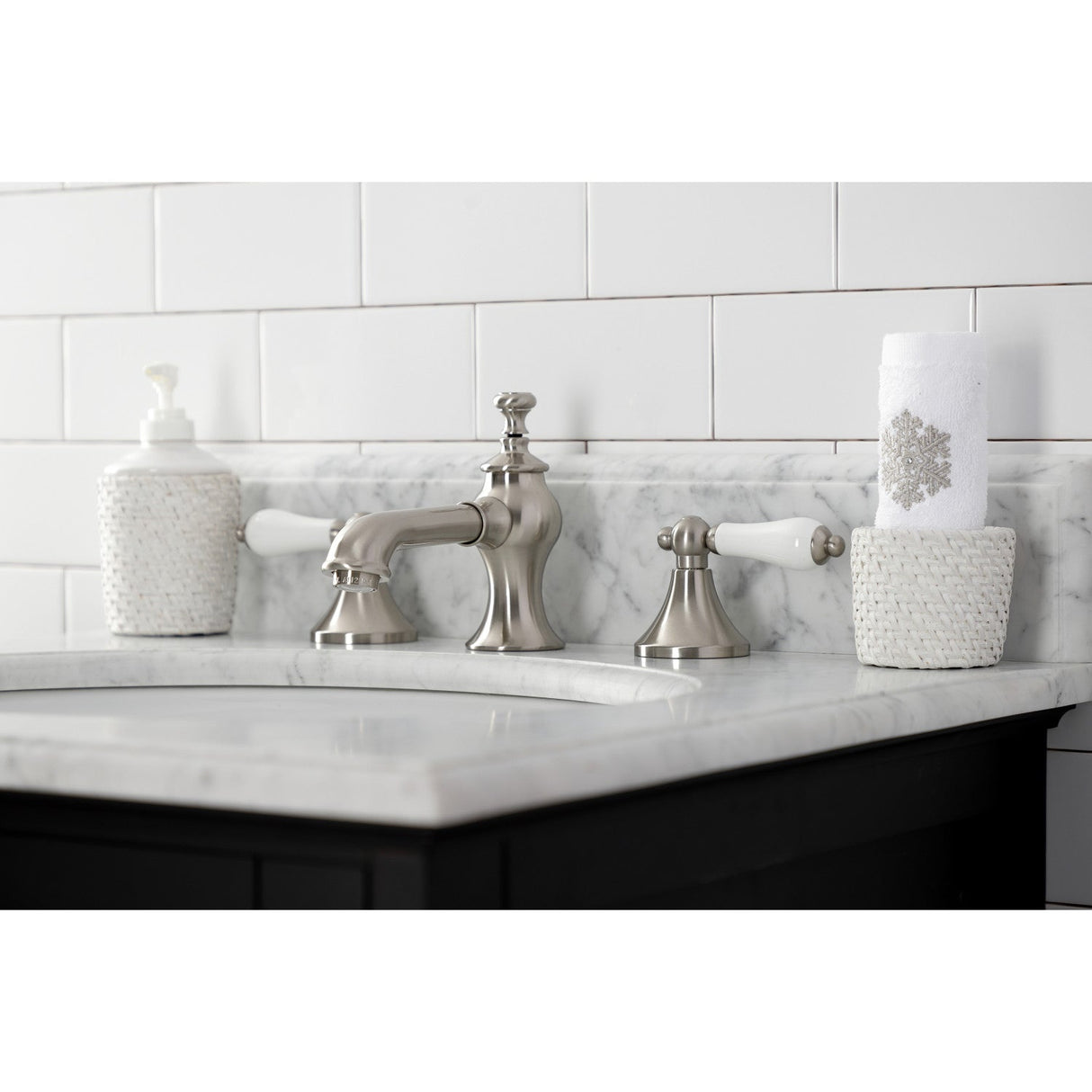 Vintage KC7068PL Two-Handle 3-Hole Deck Mount Widespread Bathroom Faucet with Brass Pop-Up, Brushed Nickel