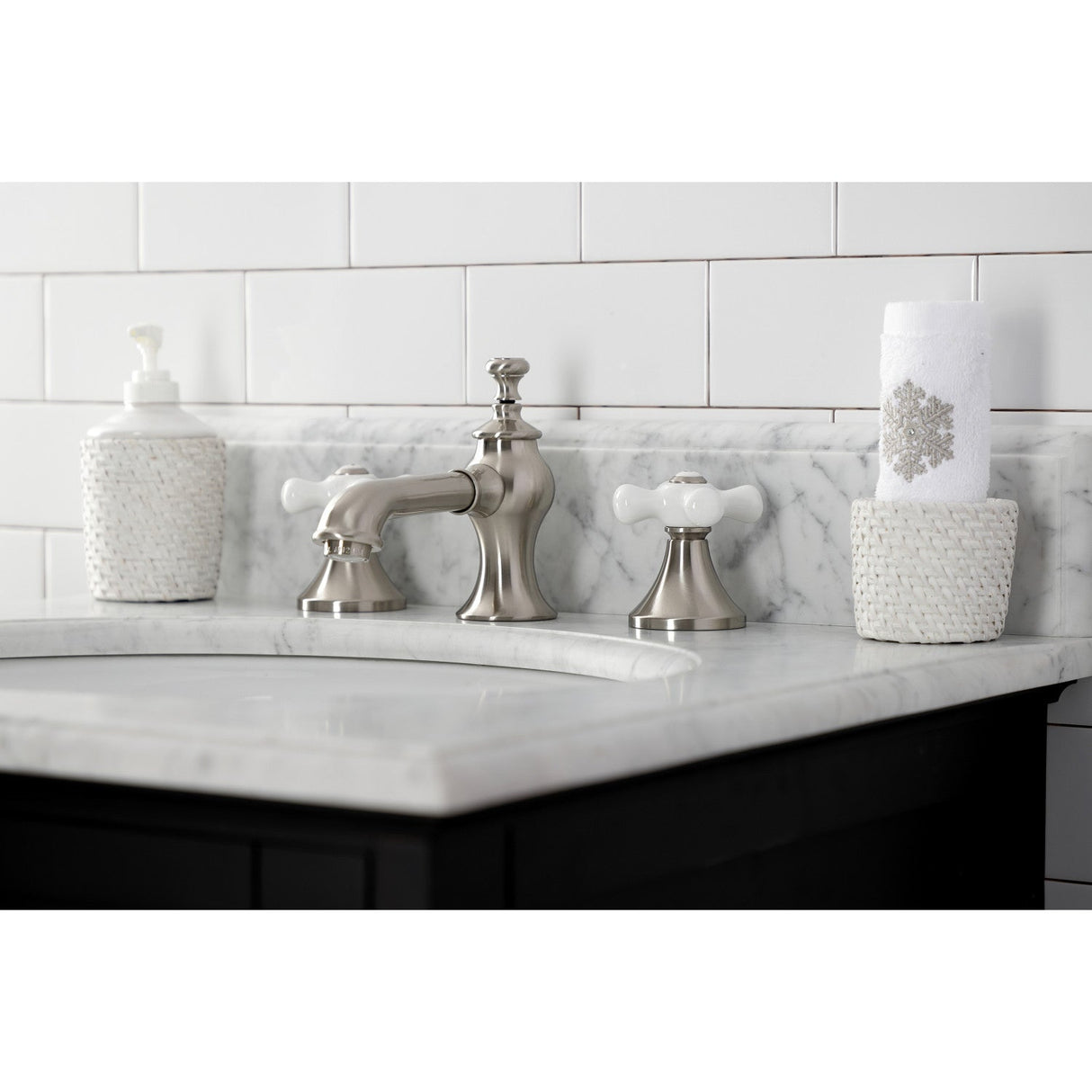 Vintage KC7068PX Two-Handle 3-Hole Deck Mount Widespread Bathroom Faucet with Brass Pop-Up, Brushed Nickel