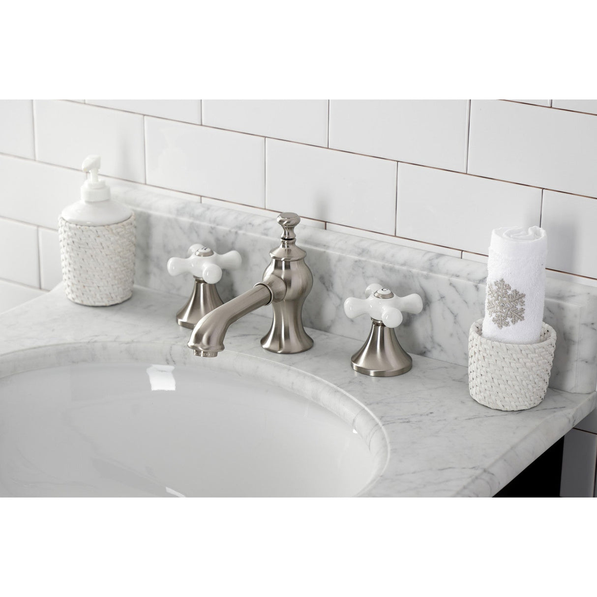 Vintage KC7068PX Two-Handle 3-Hole Deck Mount Widespread Bathroom Faucet with Brass Pop-Up, Brushed Nickel