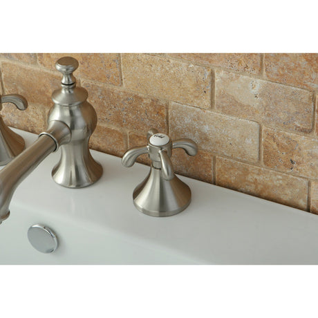 French Country KC7068TX Two-Handle 3-Hole Deck Mount Widespread Bathroom Faucet with Brass Pop-Up, Brushed Nickel
