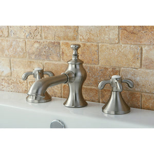 French Country KC7068TX Two-Handle 3-Hole Deck Mount Widespread Bathroom Faucet with Brass Pop-Up, Brushed Nickel