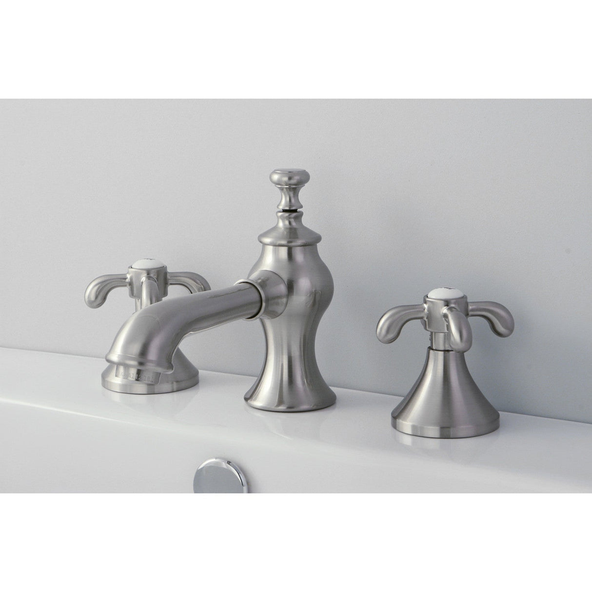 French Country KC7068TX Two-Handle 3-Hole Deck Mount Widespread Bathroom Faucet with Brass Pop-Up, Brushed Nickel