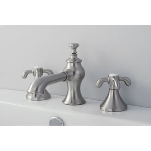 French Country KC7068TX Two-Handle 3-Hole Deck Mount Widespread Bathroom Faucet with Brass Pop-Up, Brushed Nickel