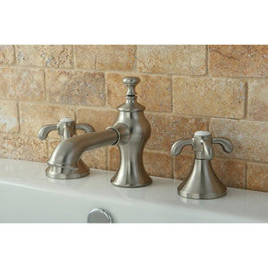 French Country KC7068TX Two-Handle 3-Hole Deck Mount Widespread Bathroom Faucet with Brass Pop-Up, Brushed Nickel