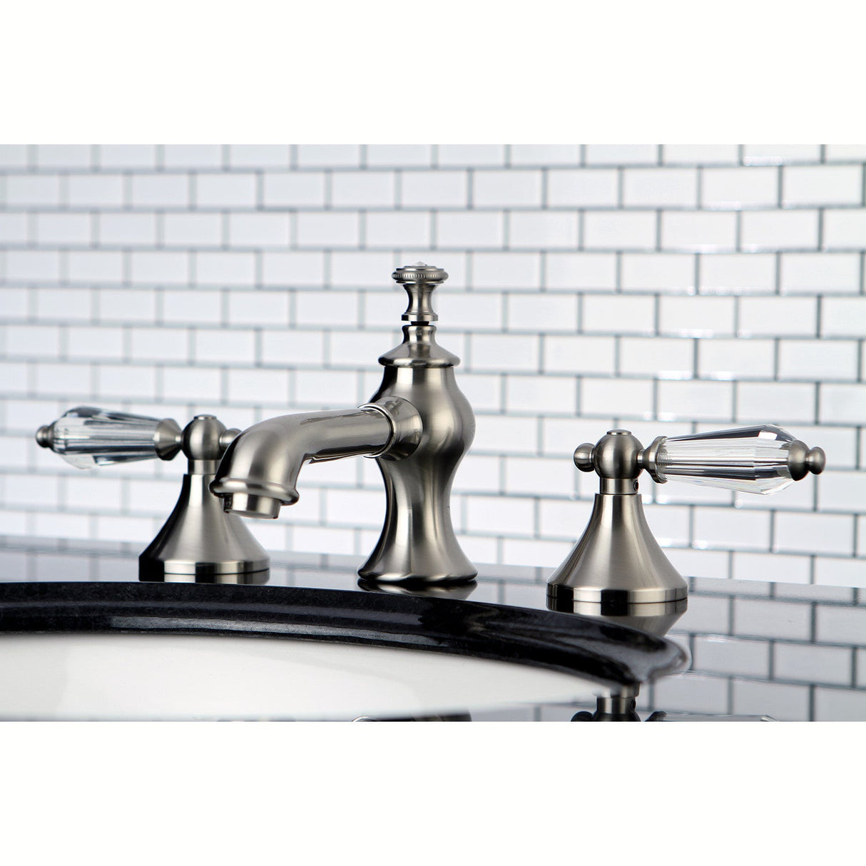 Wilshire KC7068WLL Two-Handle 3-Hole Deck Mount Widespread Bathroom Faucet with Brass Pop-Up, Brushed Nickel