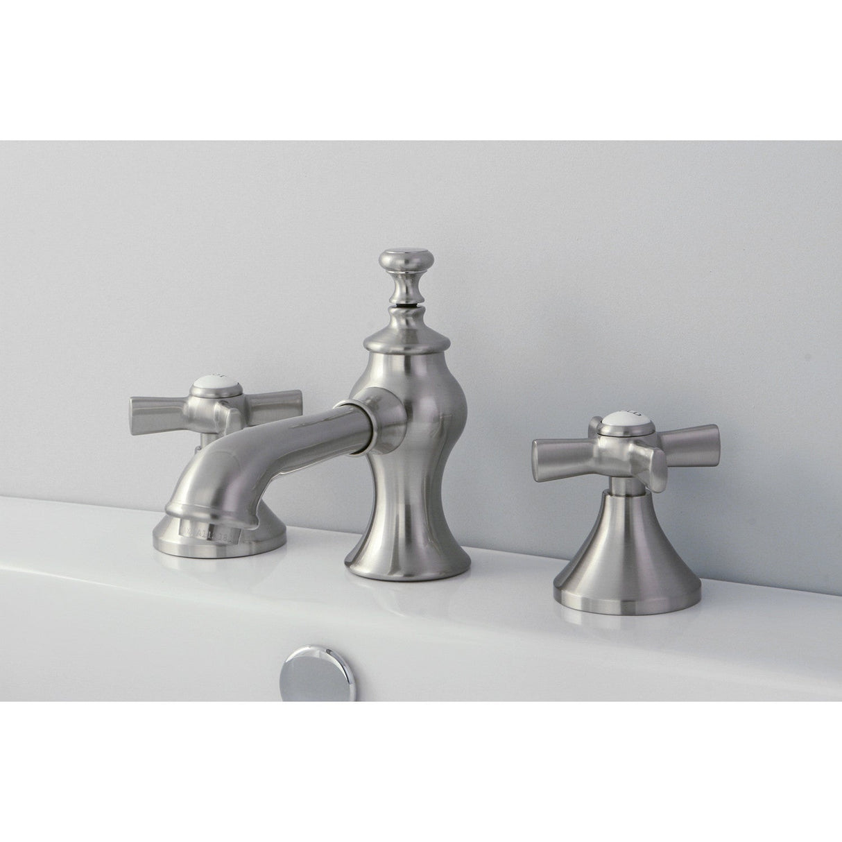 Millennium KC7068ZX Two-Handle 3-Hole Deck Mount Widespread Bathroom Faucet with Brass Pop-Up, Brushed Nickel