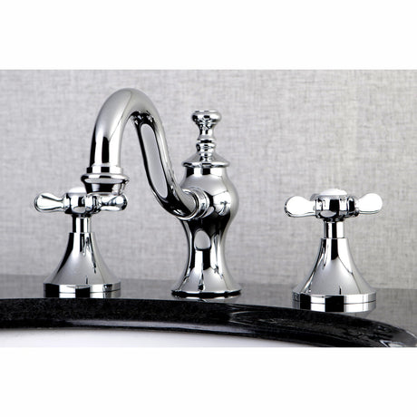 Essex KC7161BEX Two-Handle 3-Hole Deck Mount Widespread Bathroom Faucet with Brass Pop-Up, Polished Chrome