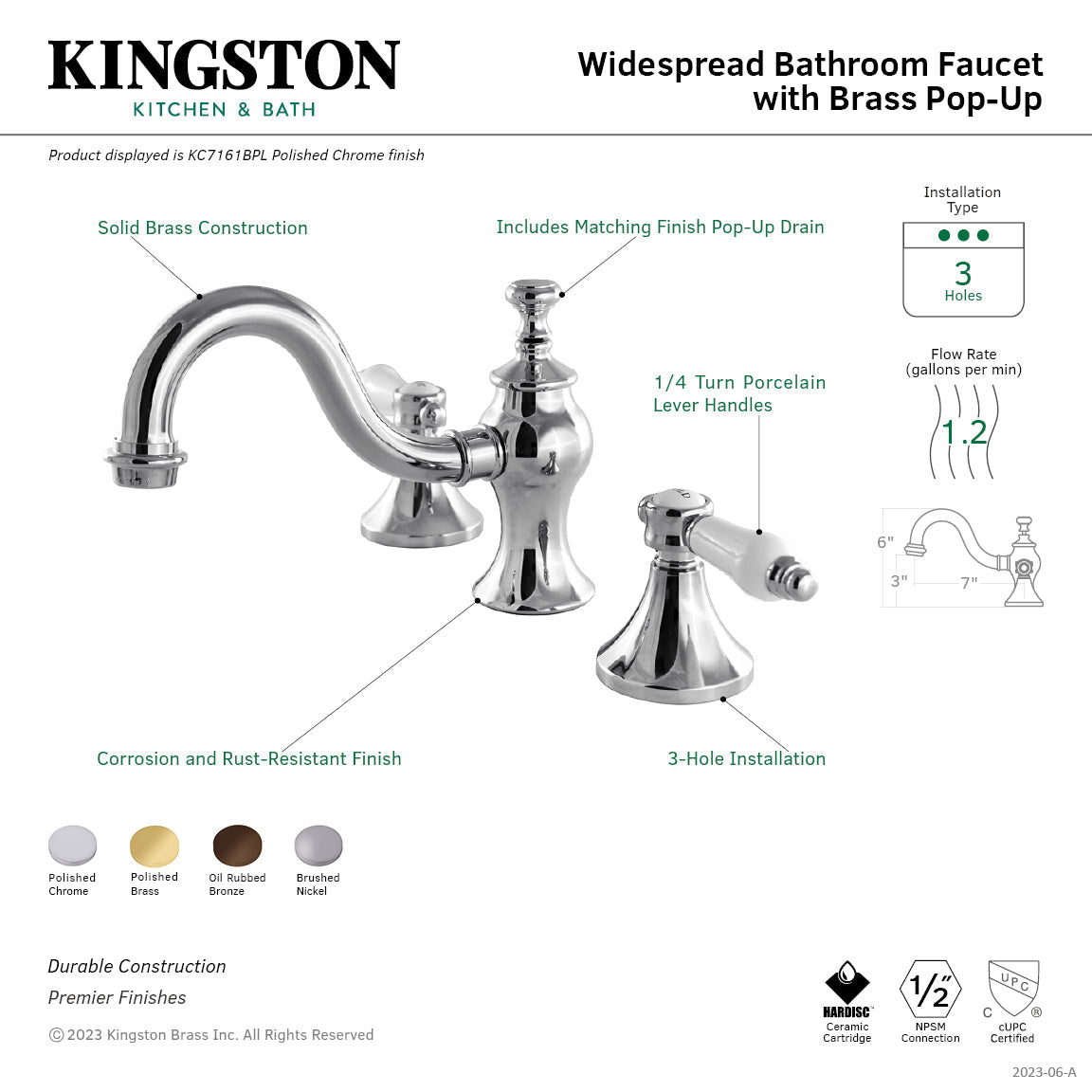 Bel-Air KC7161BPL Two-Handle 3-Hole Deck Mount Widespread Bathroom Faucet with Brass Pop-Up, Polished Chrome