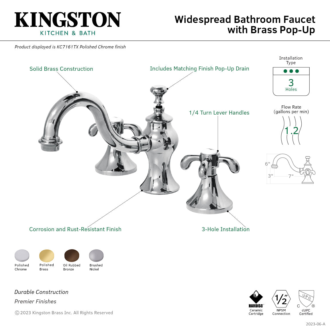 French Country KC7161TX Two-Handle 3-Hole Deck Mount Widespread Bathroom Faucet with Brass Pop-Up, Polished Chrome