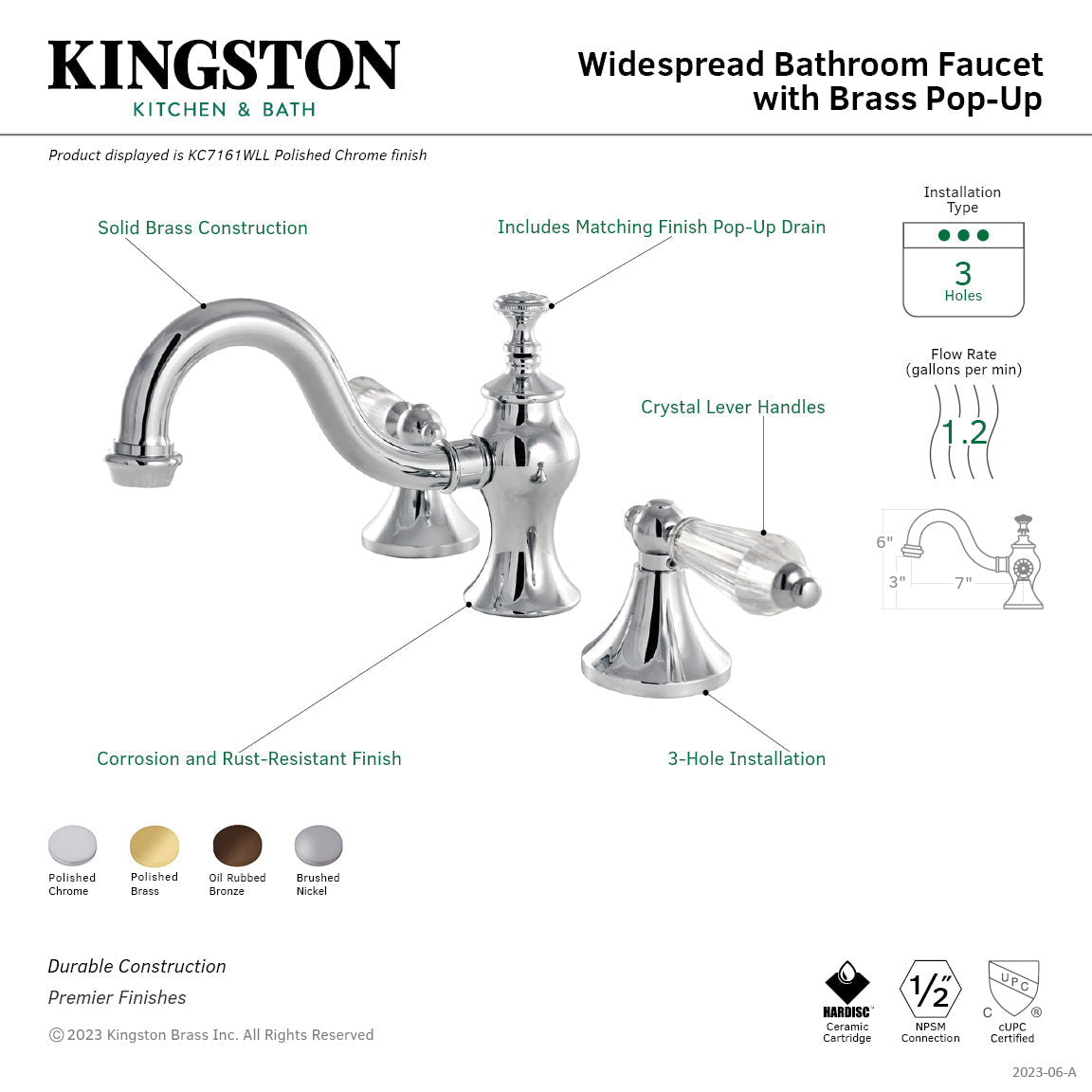 Wilshire KC7161WLL Two-Handle 3-Hole Deck Mount Widespread Bathroom Faucet with Brass Pop-Up, Polished Chrome