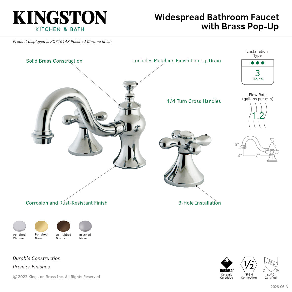 Vintage KC7162AX Two-Handle 3-Hole Deck Mount Widespread Bathroom Faucet with Brass Pop-Up, Polished Brass