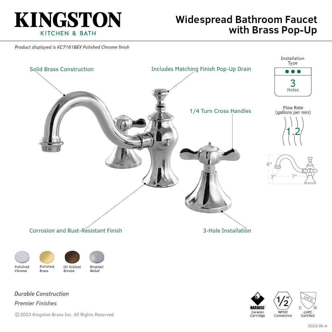 Essex KC7162BEX Two-Handle 3-Hole Deck Mount Widespread Bathroom Faucet with Brass Pop-Up, Polished Brass