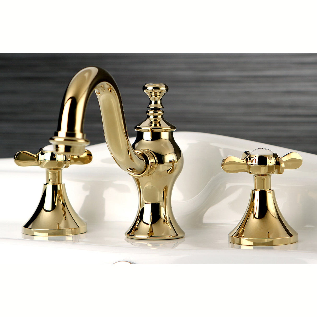 Essex KC7162BEX Two-Handle 3-Hole Deck Mount Widespread Bathroom Faucet with Brass Pop-Up, Polished Brass