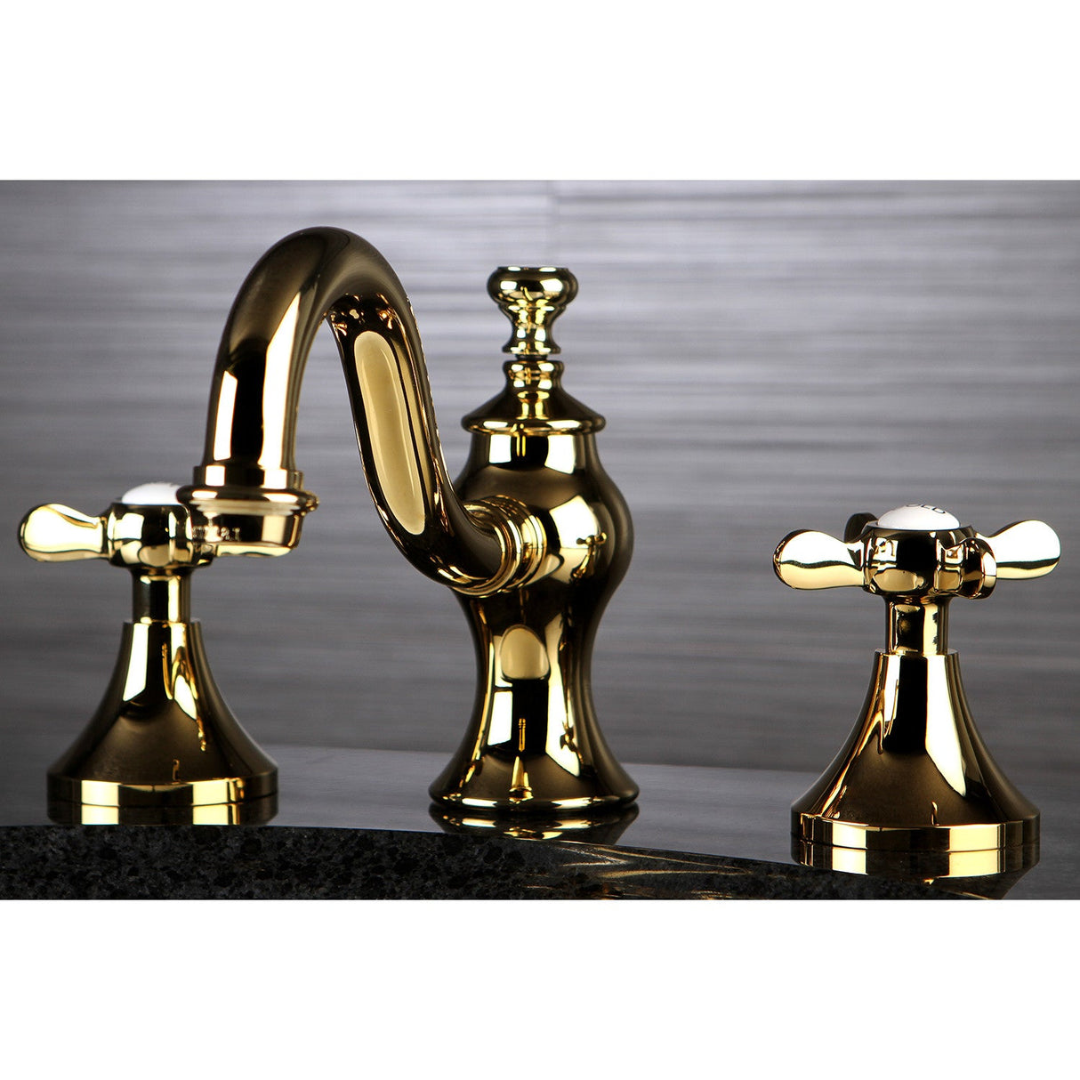 Essex KC7162BEX Two-Handle 3-Hole Deck Mount Widespread Bathroom Faucet with Brass Pop-Up, Polished Brass