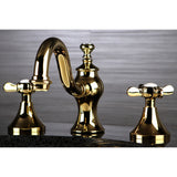 Essex KC7162BEX Two-Handle 3-Hole Deck Mount Widespread Bathroom Faucet with Brass Pop-Up, Polished Brass