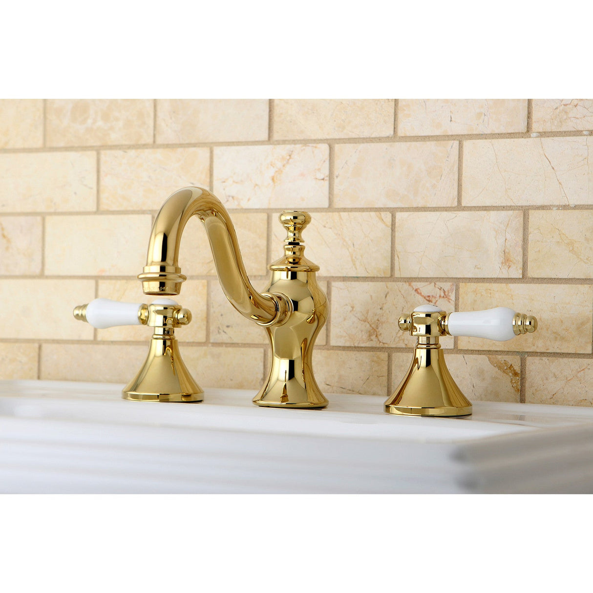 Bel-Air KC7162BPL Two-Handle 3-Hole Deck Mount Widespread Bathroom Faucet with Brass Pop-Up, Polished Brass