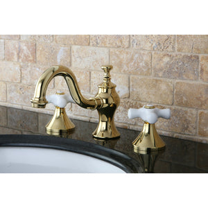 KC7162PX Two-Handle 3-Hole Deck Mount Widespread Bathroom Faucet with Brass Pop-Up, Polished Brass