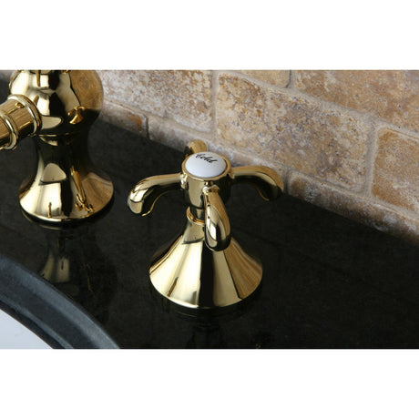 French Country KC7162TX Two-Handle 3-Hole Deck Mount Widespread Bathroom Faucet with Brass Pop-Up, Polished Brass