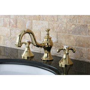 French Country KC7162TX Two-Handle 3-Hole Deck Mount Widespread Bathroom Faucet with Brass Pop-Up, Polished Brass