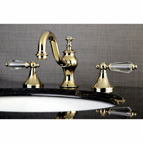 Wilshire KC7162WLL Two-Handle 3-Hole Deck Mount Widespread Bathroom Faucet with Brass Pop-Up, Polished Brass