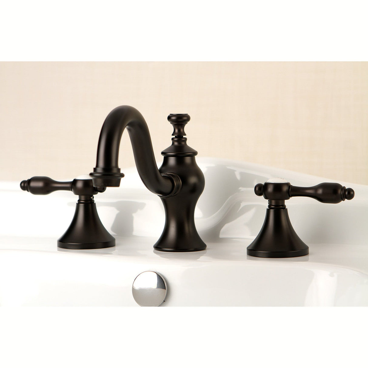 Tudor KC7165TAL Two-Handle 3-Hole Deck Mount Widespread Bathroom Faucet with Brass Pop-Up, Oil Rubbed Bronze
