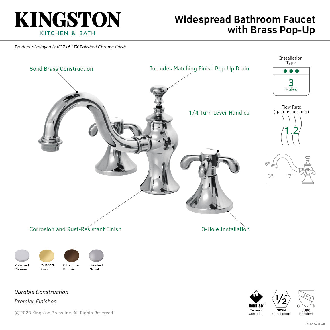 French Country KC7165TX Two-Handle 3-Hole Deck Mount Widespread Bathroom Faucet with Brass Pop-Up, Oil Rubbed Bronze