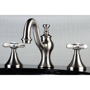 Essex KC7168BEX Two-Handle 3-Hole Deck Mount Widespread Bathroom Faucet with Brass Pop-Up, Brushed Nickel