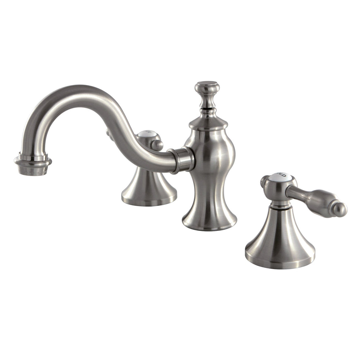 Tudor KC7168TAL Two-Handle 3-Hole Deck Mount Widespread Bathroom Faucet with Brass Pop-Up, Brushed Nickel