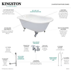 Aqua Eden KCT3D543019C1 54-Inch Cast Iron Roll Top Clawfoot Tub Combo with Faucet and Supply Lines, White/Polished Chrome