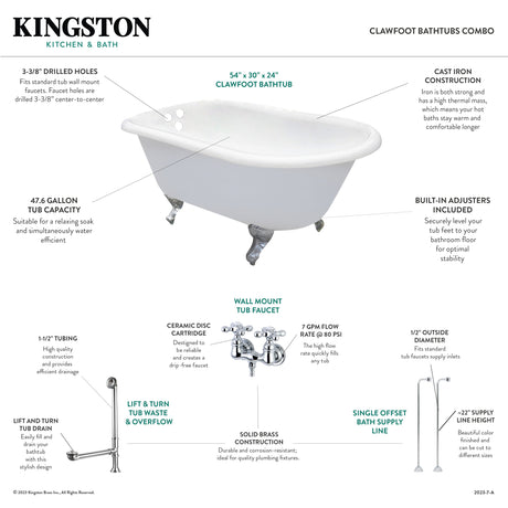 Aqua Eden KCT3D543019C1 54-Inch Cast Iron Roll Top Clawfoot Tub Combo with Faucet and Supply Lines, White/Polished Chrome