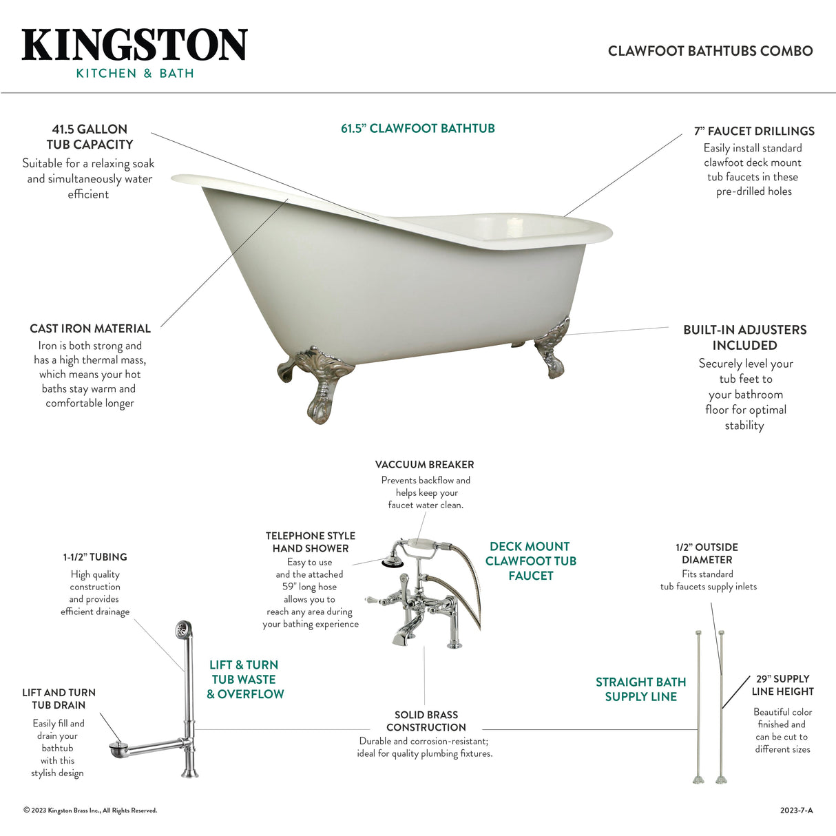 Aqua Eden KCT7D653129C1 62-Inch Cast Iron Single Slipper Clawfoot Tub Combo with Faucet and Supply Lines, White/Polished Chrome/Polished Chrome