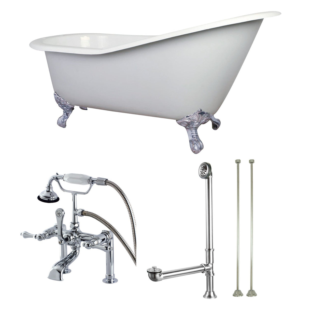 Aqua Eden KCT7D653129C1 62-Inch Cast Iron Single Slipper Clawfoot Tub Combo with Faucet and Supply Lines, White/Polished Chrome/Polished Chrome