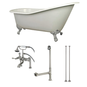 Aqua Eden KCT7D653129C8 62-Inch Cast Iron Single Slipper Clawfoot Tub Combo with Faucet and Supply Lines, White/Brushed Nickel