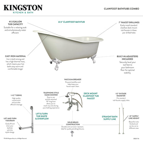 Aqua Eden KCT7D653129CW 62-Inch Cast Iron Single Slipper Clawfoot Tub Combo with Faucet and Supply Lines, White/White/Polished Chrome