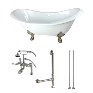 Aqua Eden KCT7D7231C8 72-Inch Cast Iron Double Slipper Clawfoot Tub Combo with Faucet and Supply Lines, White/Brushed Nickel