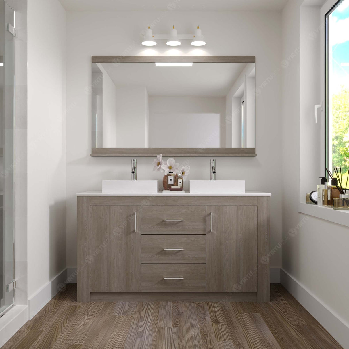 Virtu USA Tavian 60" Double Bath Vanity in Gray Oak with White Engineered Stone Top and Square Sinks with Matching Mirror