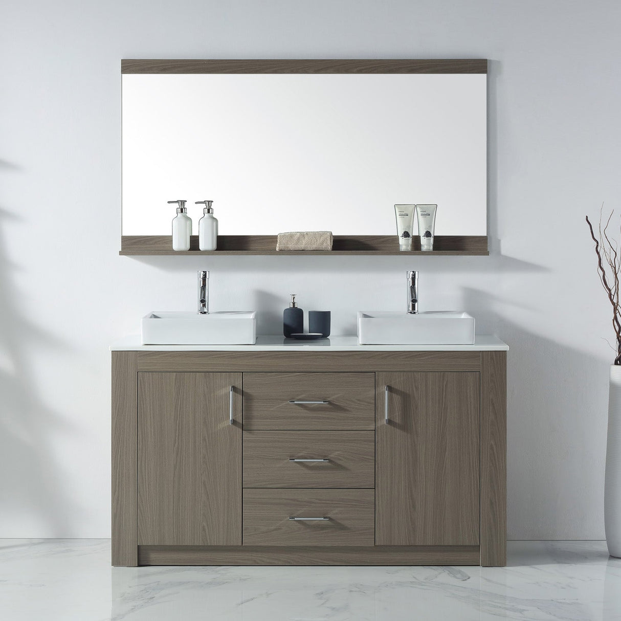 Virtu USA Tavian 60" Double Bath Vanity in Gray Oak with White Engineered Stone Top and Square Sinks with Matching Mirror