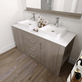 Virtu USA Tavian 60" Double Bath Vanity in Gray Oak with White Engineered Stone Top and Square Sinks with Matching Mirror