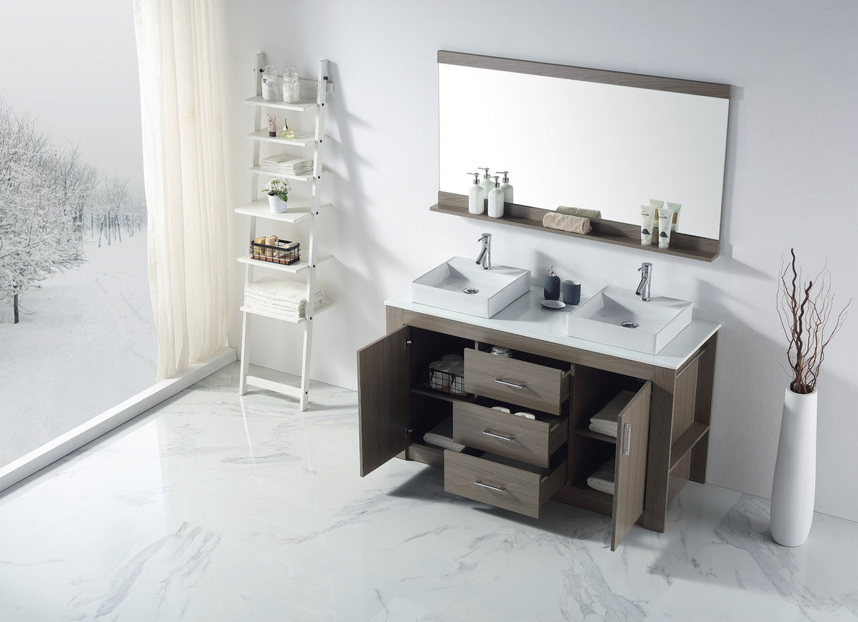 Virtu USA Tavian 60" Double Bath Vanity in Gray Oak with White Engineered Stone Top and Square Sinks with Matching Mirror