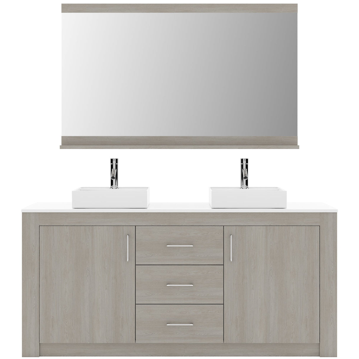 Virtu USA Tavian 60" Double Bath Vanity in Gray Oak with White Engineered Stone Top and Square Sinks with Matching Mirror - Luxe Bathroom Vanities