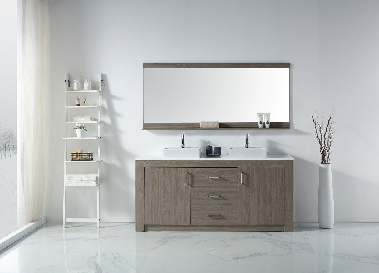 Virtu USA Tavian 72" Double Bath Vanity in Gray Oak with White Engineered Stone Top and Square Sinks with Matching Mirror